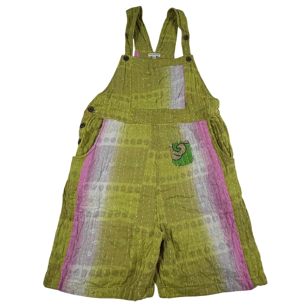 Earthbound Trading Kantha Stitch Short Overalls Romper Women's M Boho Hippe